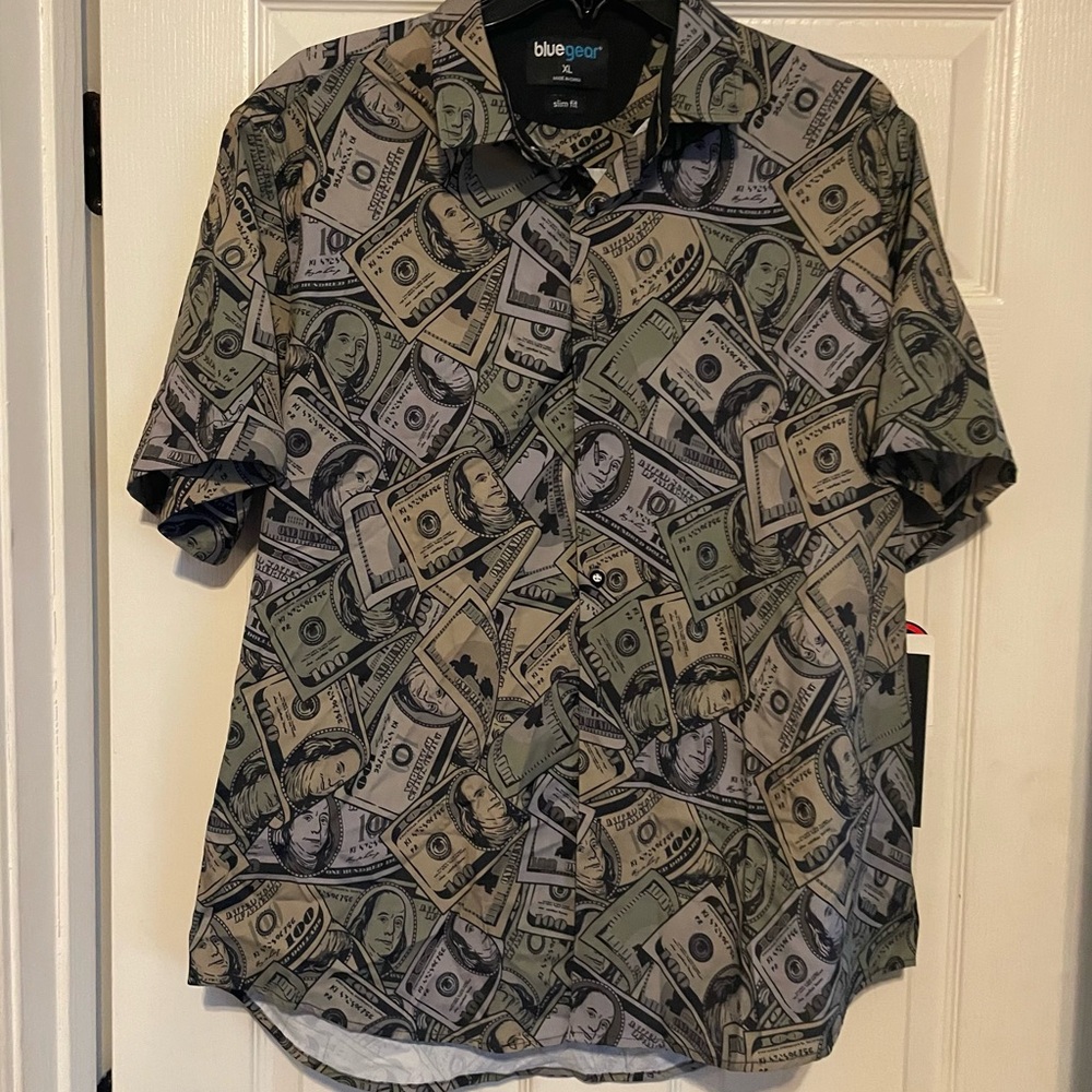 Blue Gear Money Bills Dollar Benjamins Short Sleeve Button Down Shirt Mens xl